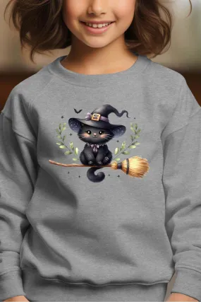 Hexenbesen-Katze – Rundhals-Sweatshirt für Mädchen